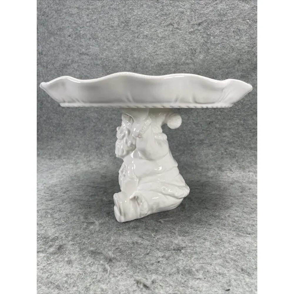 Pier 1 Imports White Santa Pedestal Cake Stand Pastry Cookie Tray Christmas HTF